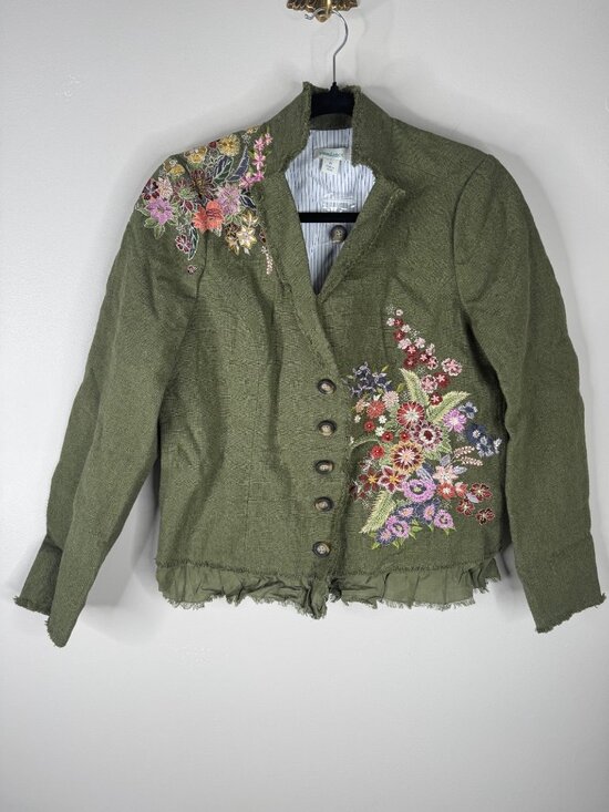 Sundance Embroidered Floral Linen Olive Green Blazer Jacket Lined Size M New - Picture 3 of 7